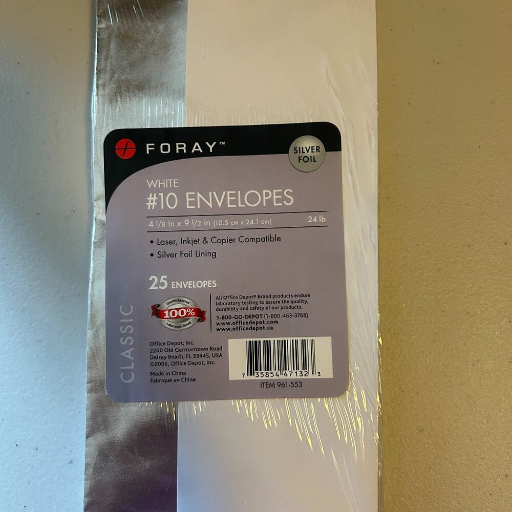 NIP Foray White #10 Envelopes with Silver Foil Lining - 25 PACK